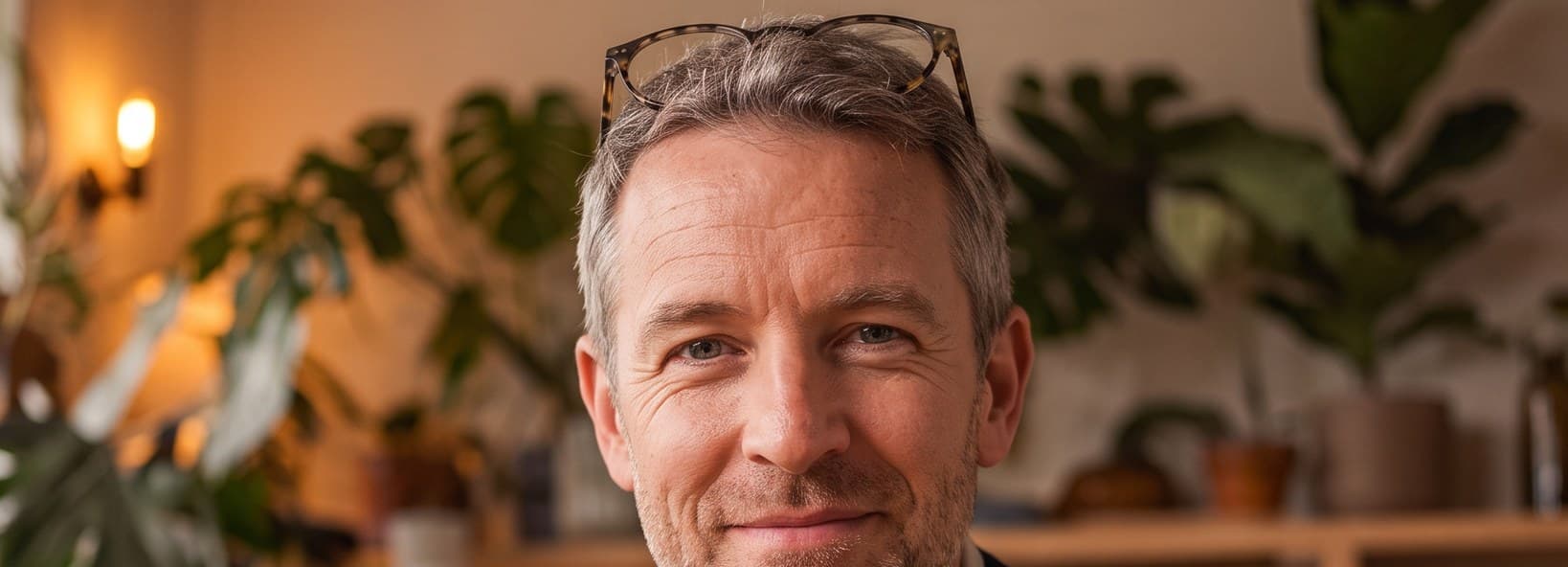 Smiling man with salt-and-pepper hair in a navy jumper, glasses pushed up, in a warm home office