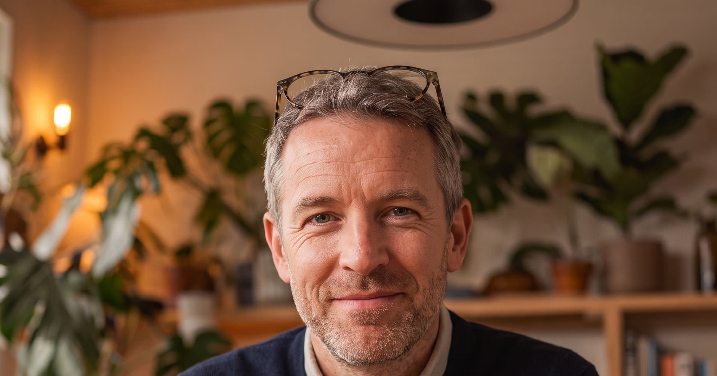 Smiling man with salt-and-pepper hair in a navy jumper, glasses pushed up, in a warm home office