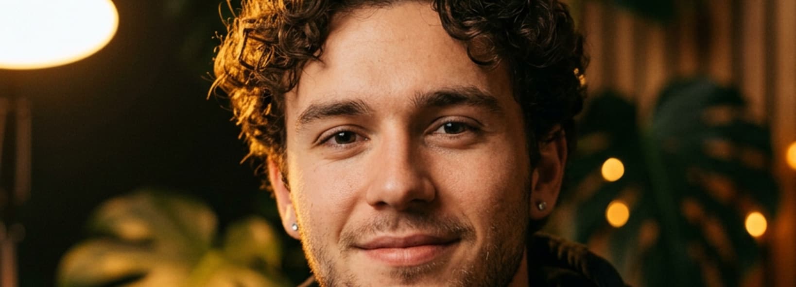 Smiling young man with curly dark hair in a black hoodie, in a warm lamp-lit room with plants