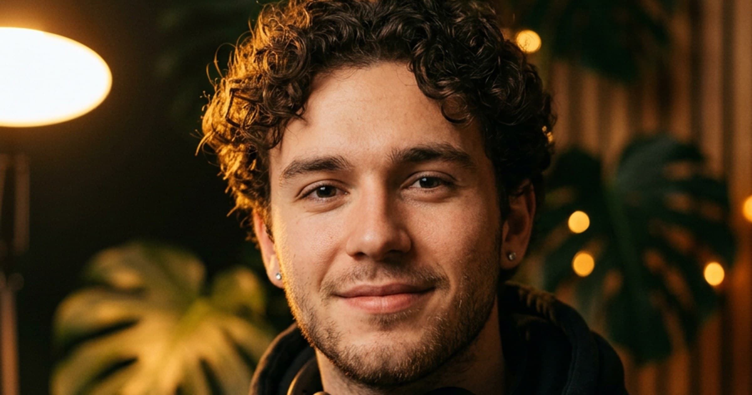Smiling young man with curly dark hair in a black hoodie, in a warm lamp-lit room with plants